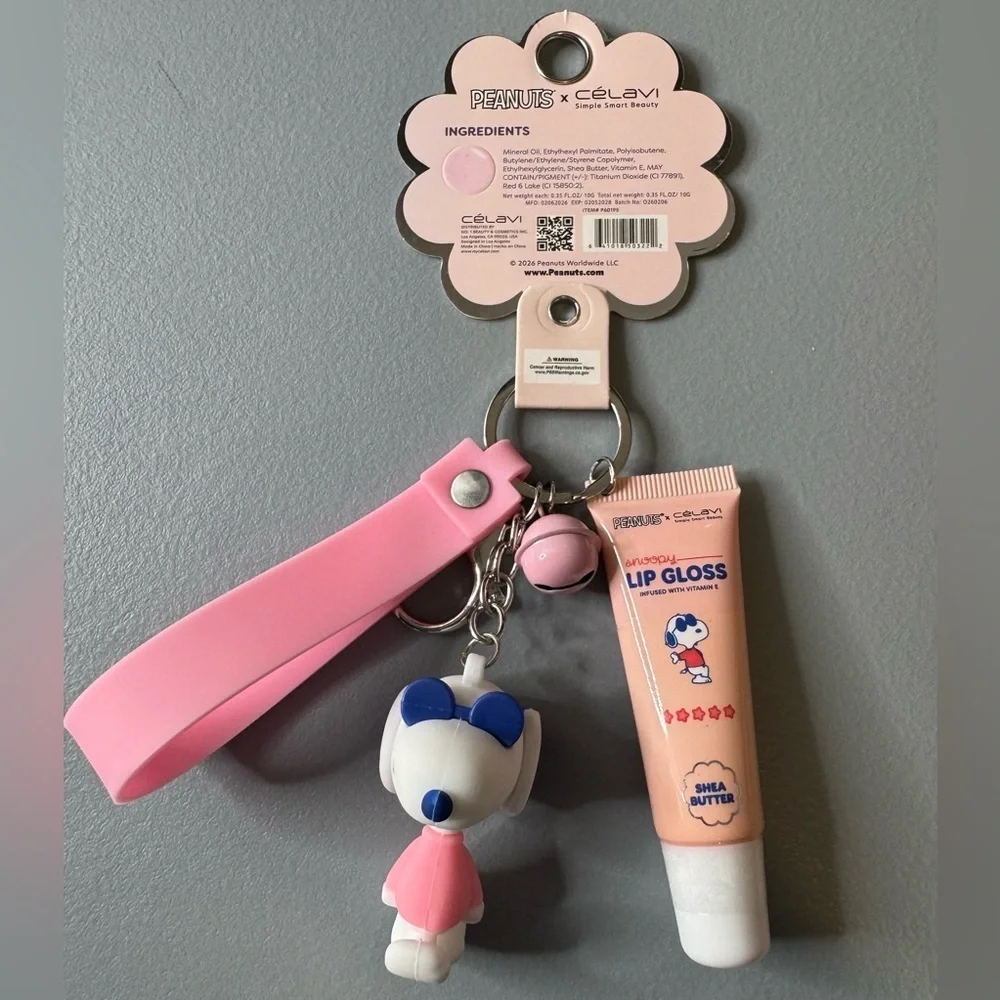 Peanuts x celavi Snoopy Pink and White Lip Gloss Keychain infused with vitamin E